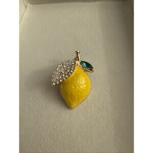 Lemon Brooch Pin With Rhinestones And Faux Emerald Leaf